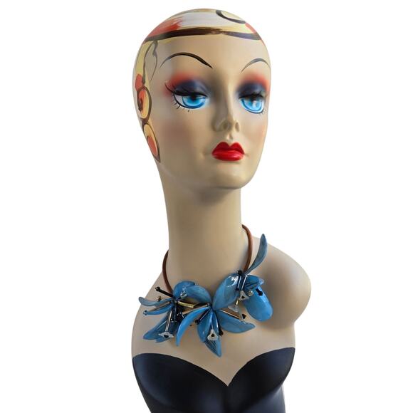 Blue Orchid Floral Statement Necklace – Chunky Movable Petals Adjustable - Picture 6 of 16